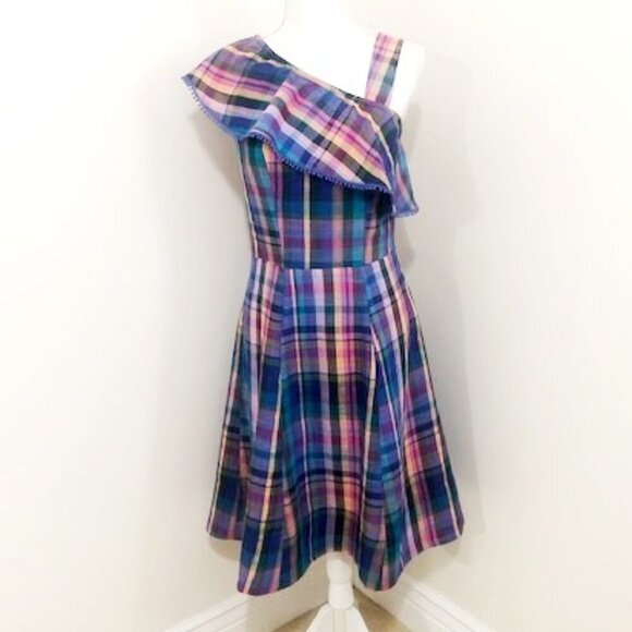 Isaac Mizrahi One Shoulder Madras Plaid Dress Deep Sea Size 0 - Picture 1 of 7